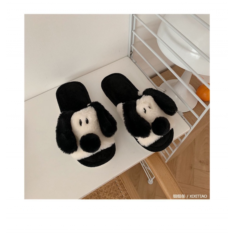 Dép Bông Đi Trong Nhà Giữ Ấm Hình Cún Con Màu Trắng Đen Dễ Thương Cho Cặp Đôi