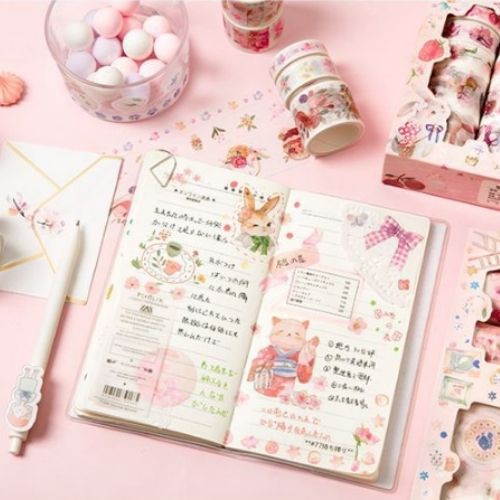 Hộp sticker cute washi tape băng keo trang trí sổ tay set 10 cuộn washi 10 sicker hình dán chống nước dễ thương