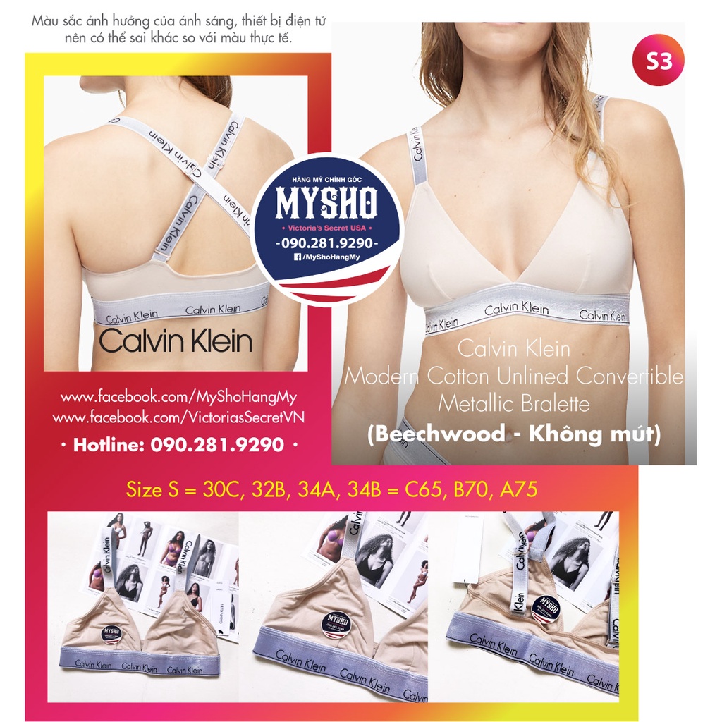 Áo bralette CK không mút, gài sau, trồng đầu - Calvin Klein USA