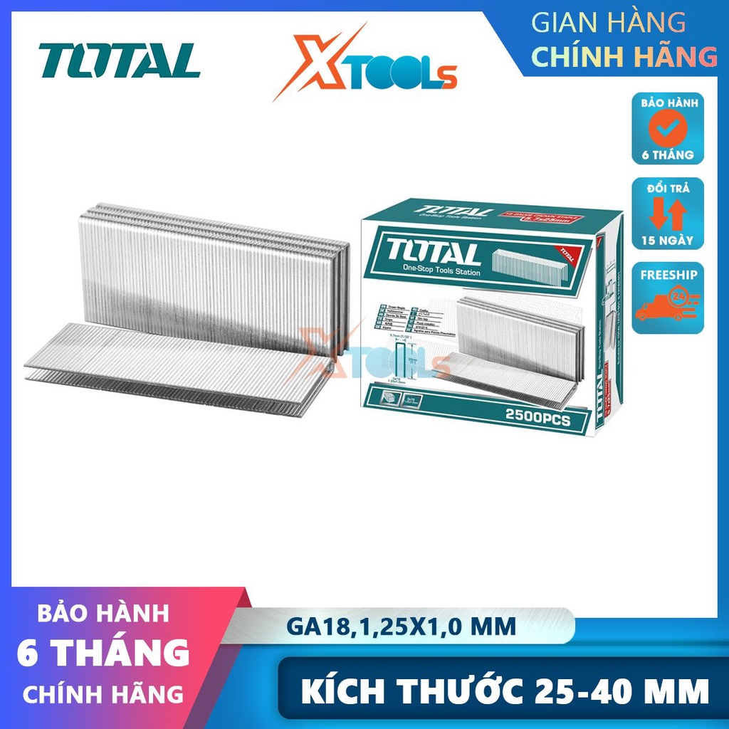Đinh bấm chữ U 25mm đến 40mm TOTAL, số lượng 2500 cái/hộp, đầu ghim U: 5,7mm sử dụng cho Súng bắn đinh-CHÍNH HÃNG-XTOOLS