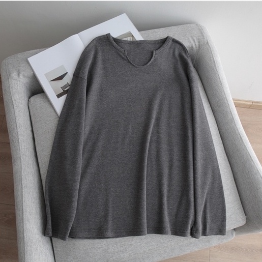 SUA002 Áo thun không cổ khoét tay dài thu đông đen trắng ghi nam nữ Hàn Quốc Áo phông unisex form rộng Ulzzang đẹp hot