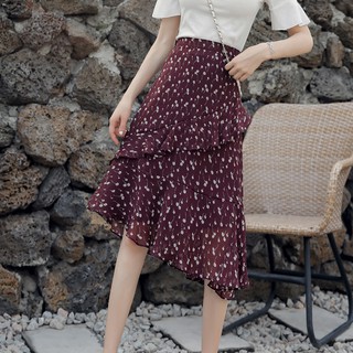 Chân váy voan họa tiết nhí vạt chéo bèo nhún