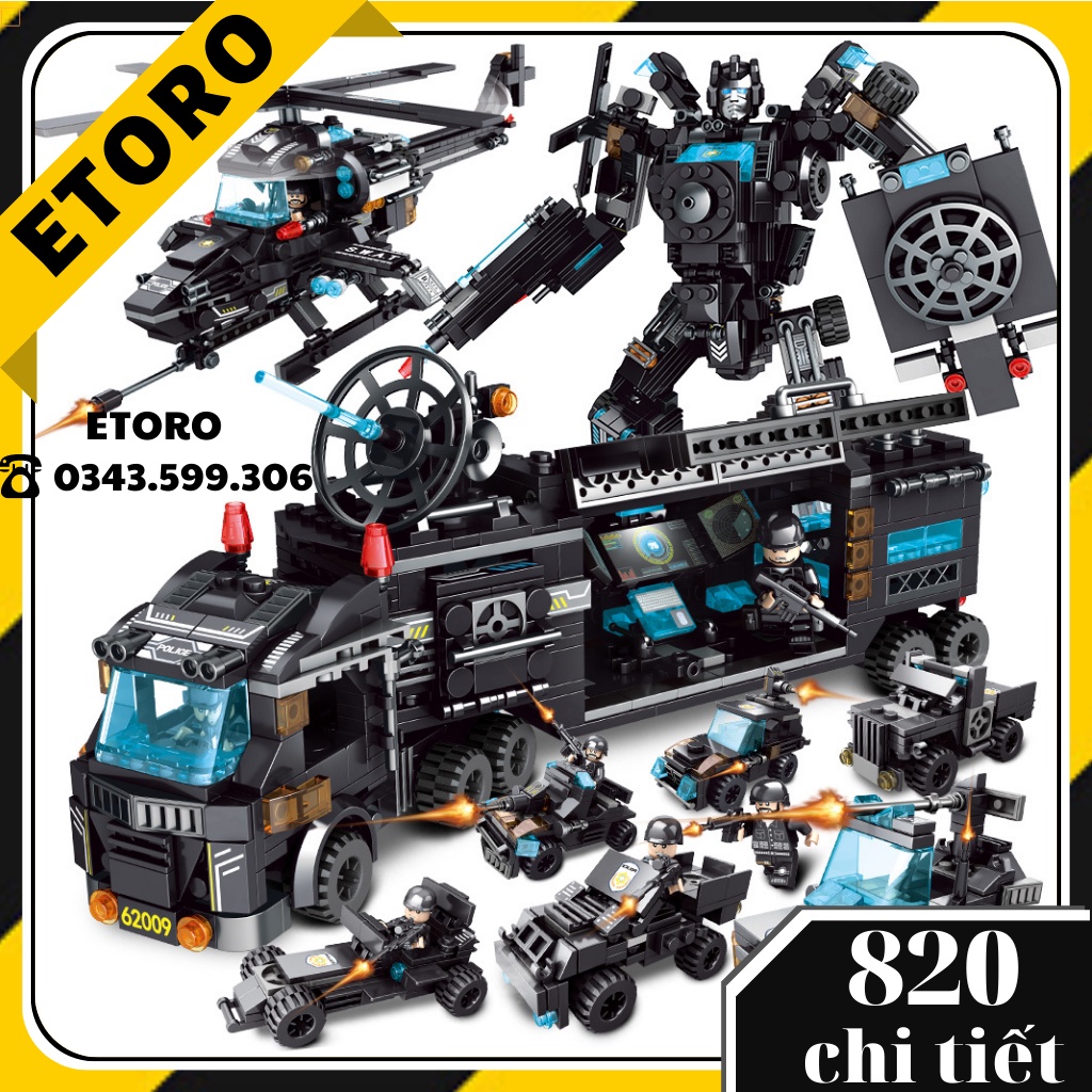 [820 Chi Tiết] Đồ chơi xếp hình LEGO Cảnh Sát Đặc Nhiệm SWAT Robot, Máy Bay, Xe Bọc Thép, Trực Thăng, Cano, Tàu Chiến