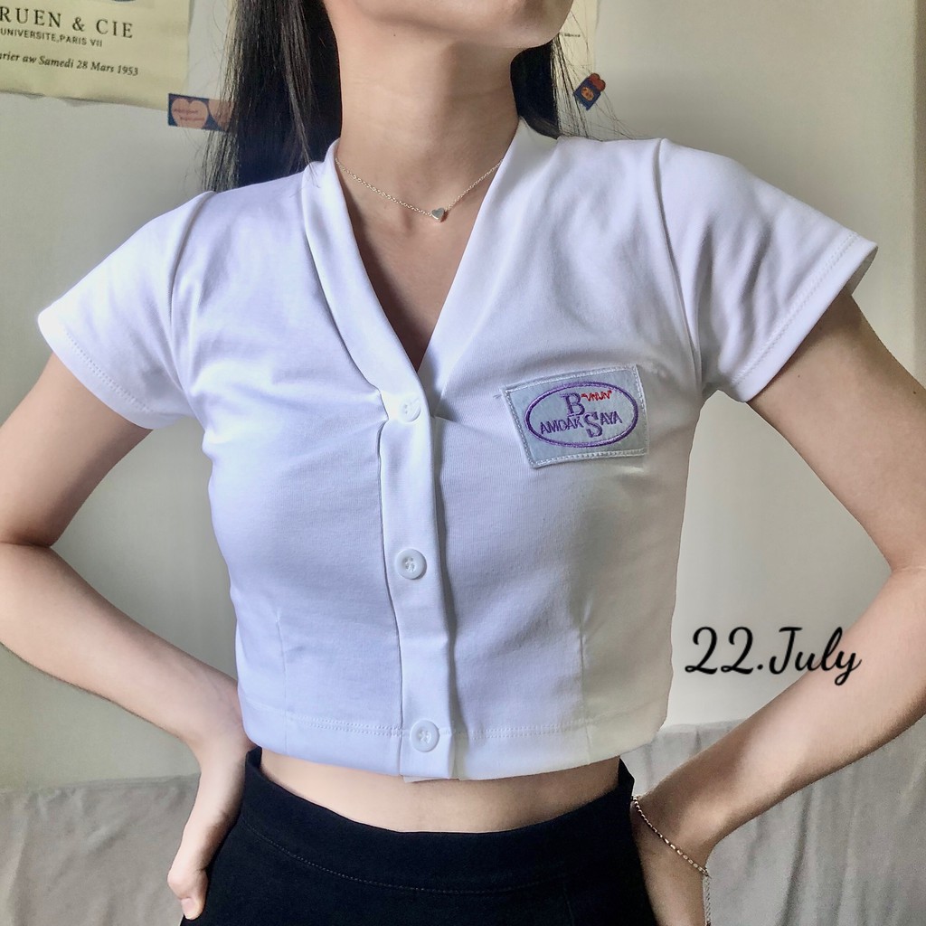 Áo croptop cổ V thêu Logo BS đủ màu sắcLogo thêu bao đẹp, màu chuẩn