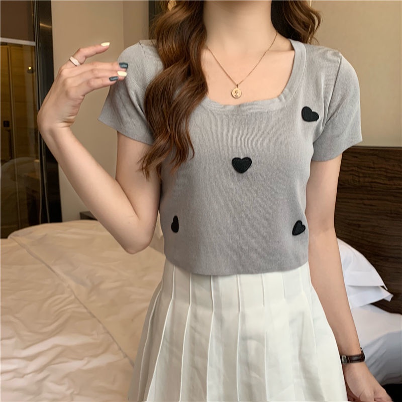 Áo Thun Dệt Kim Mỏng Tay Ngắn Dáng Ôm Thiết Kế Amoi Sense Niche Love Cho Nữ