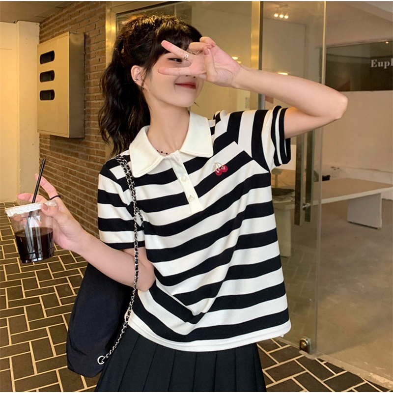 Áo Thun POLO Dệt Kim Tay Ngắn Dáng Rộng Thêu Họa Tiết cherry Dễ Thương