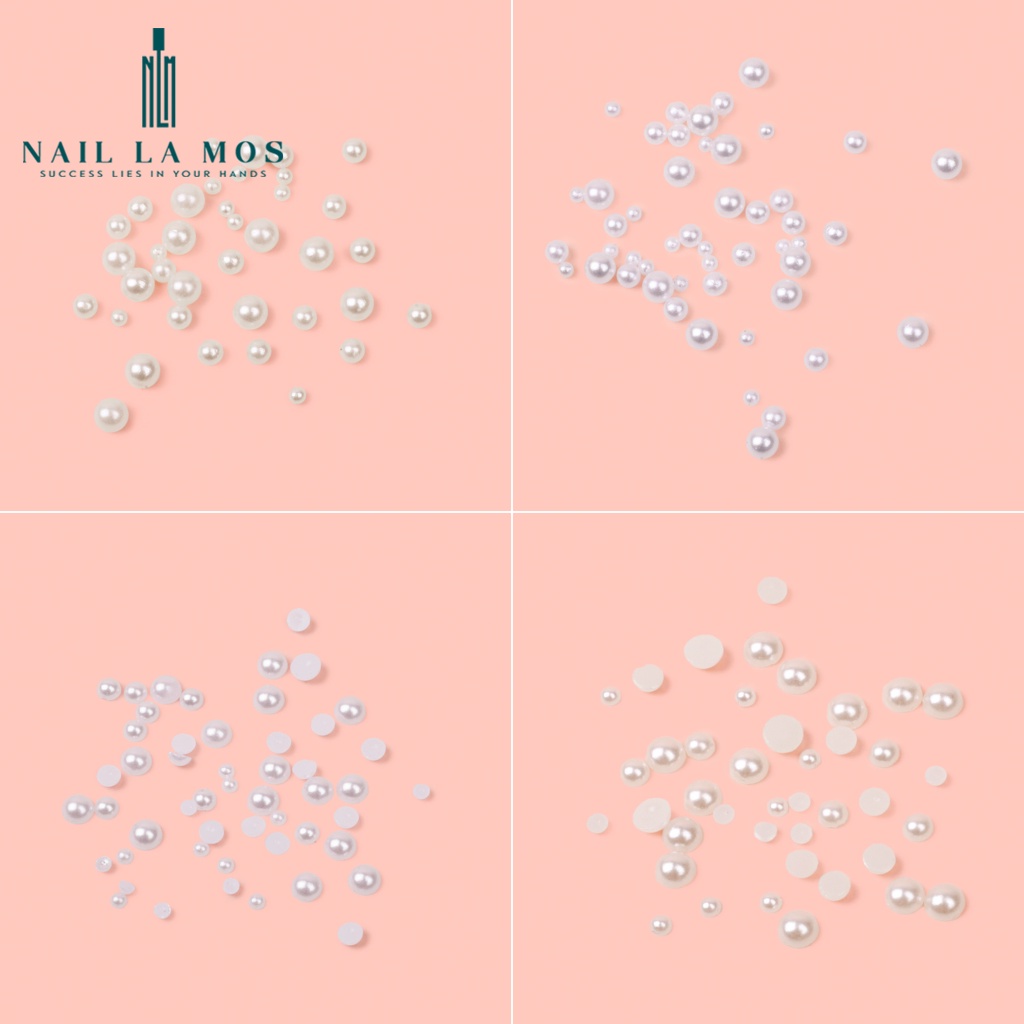 Khay ngọc trai nhân tạo mix size đính móng - Ngọc trai nhựa loại tròn, nửa viên hai màu trắng ngà đính nail sang chảnh