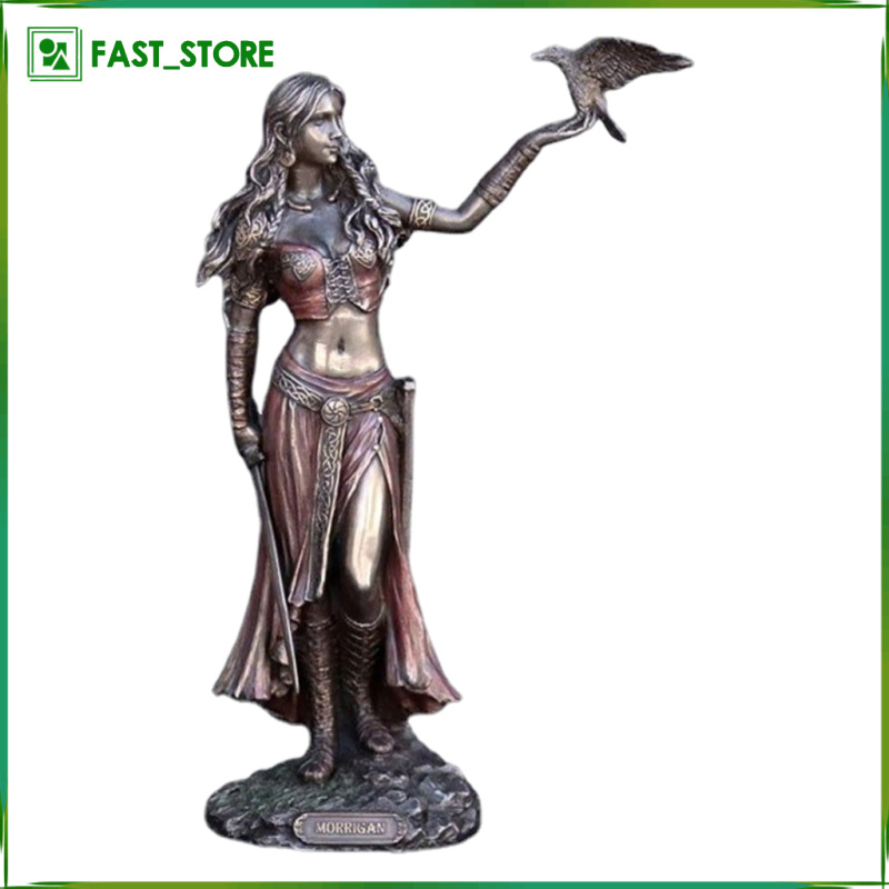 Celtic Goddess of the Battle Sword & Crow Resin Artwork Statue Morrigan Figurine Collectible, Bronze Finished