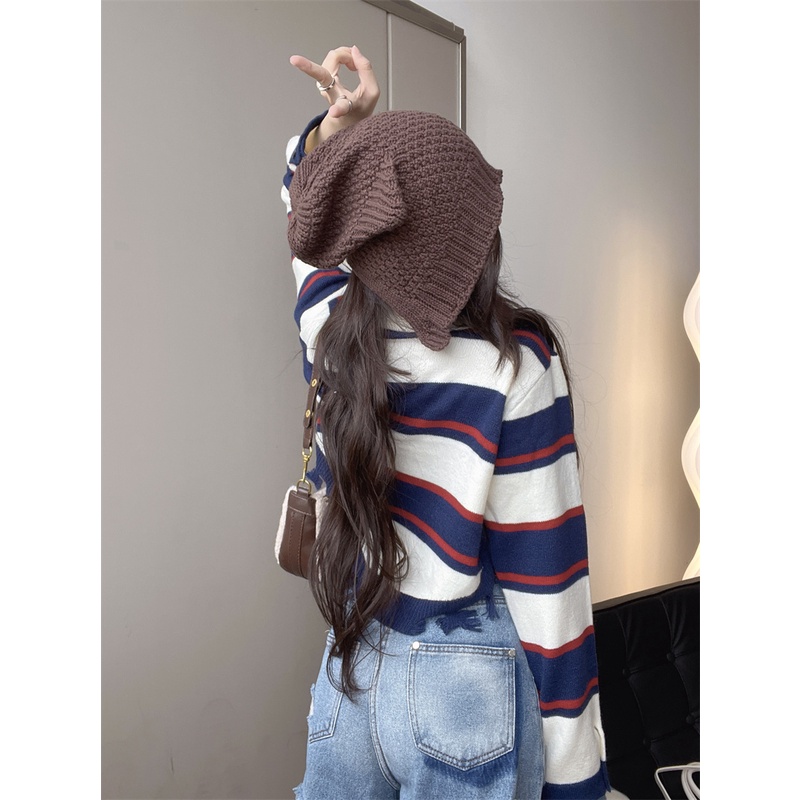 Áo sweater dệt kim cổ bẻ tay dài họa tiết sọc ngang phong cách thời trang Mỹ cho nữ