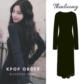 Váy len gân dài tay màu đen giống Jennie Blackpink