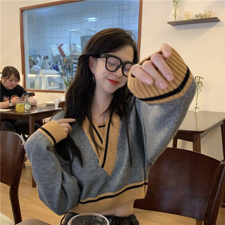 Áo Len Cổ Chữ V Màu Tương Phản Thời Trang Mùa Thu Cho Nữ