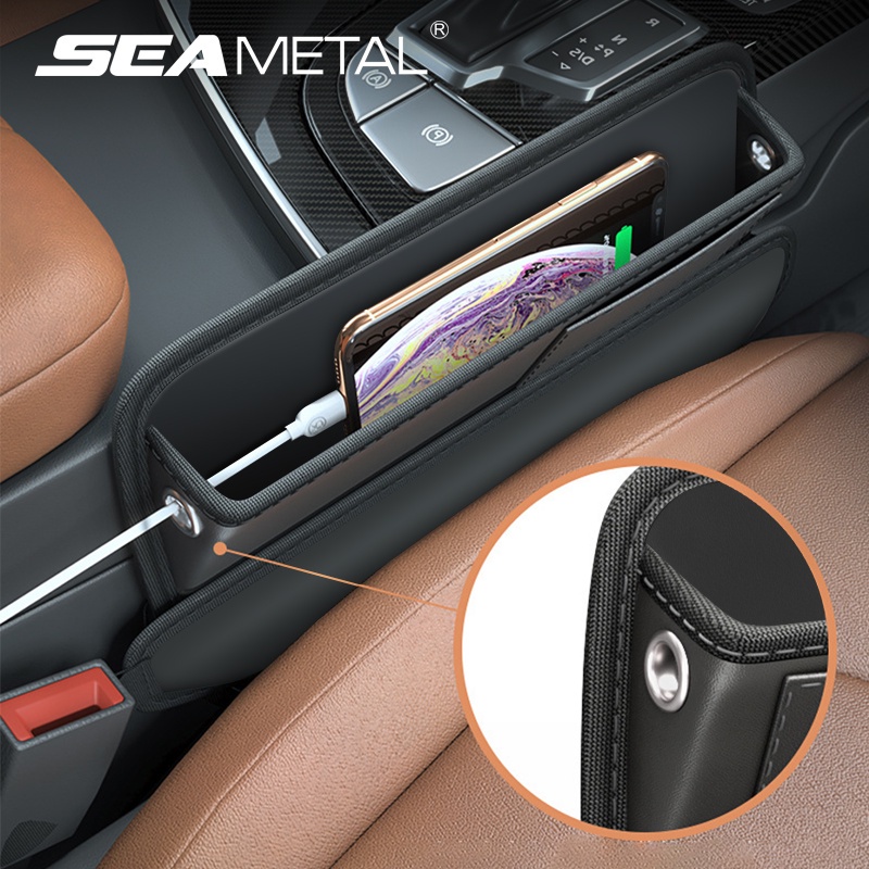 Hộp đựng đồ lấp đầy khoảng trống ghế ngồi xe hơi SEAMETAL bằng da PU có lỗ sạc điện thoại