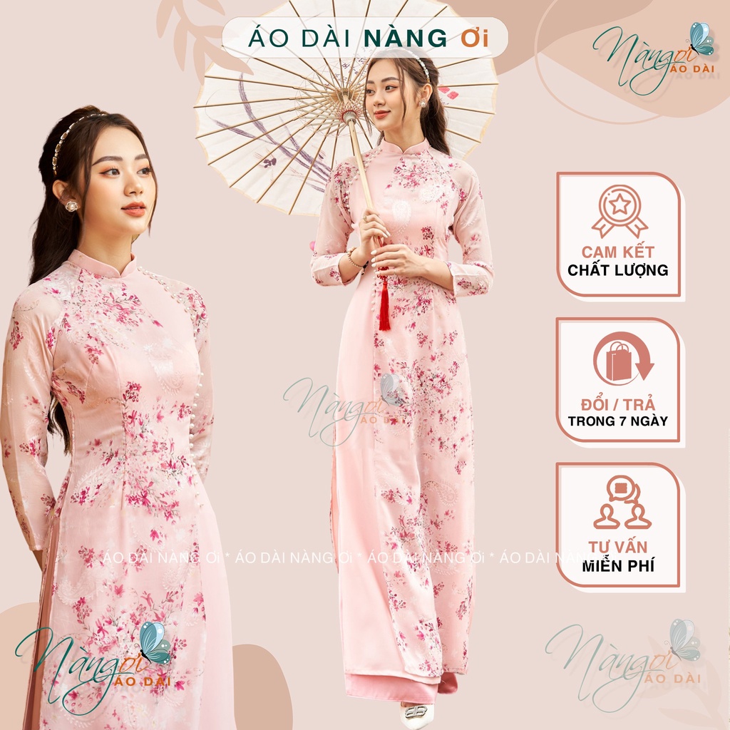 Áo Dài Hoa Nhí 4 Tà Vàng Đính Ngọc Truyền Thống  Lụa Tơ Hoa Da Hồng Đẹp