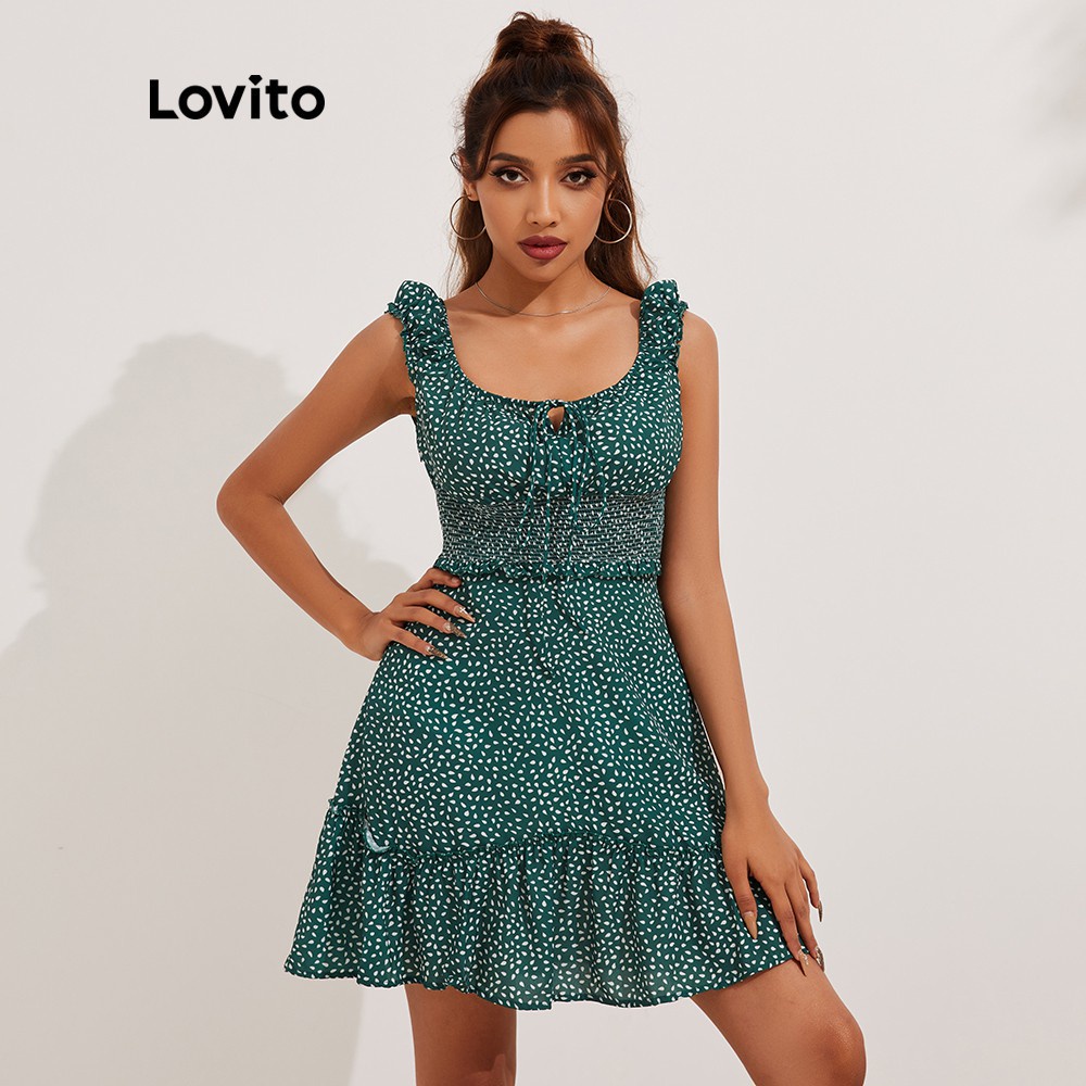 1221de-Đầm Lovito phong cách boho in họa tiết chấm bi toàn bộ viền bèo nhún phối dây L13X012 (Màu xanh lá sẫm)