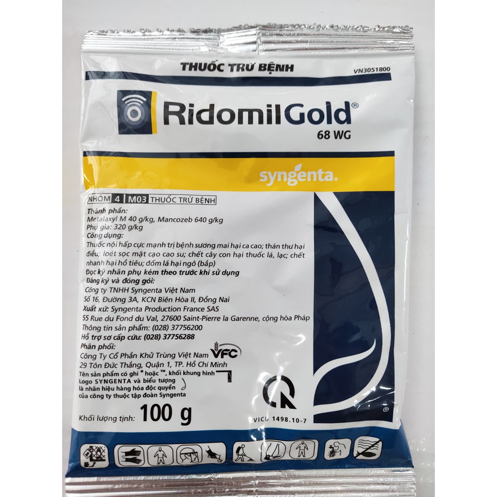 Thuốc trừ đám lá, thối rễ, chết nhanh, sương mai, thán thư, xì mủ,... cây trồng Ridomil Gold - 100gr