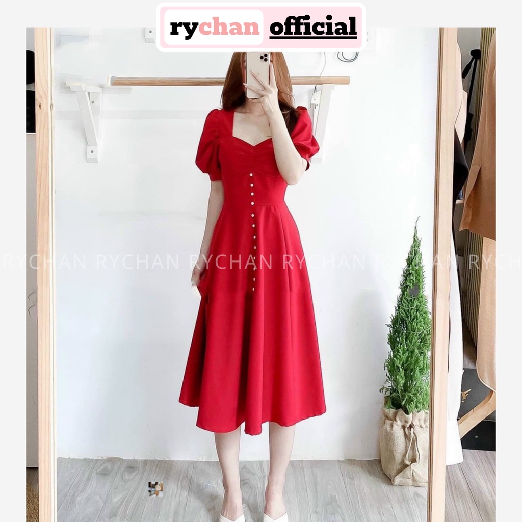 Đầm Xòe Midi Tay Phồng Nhún Ngực Đính Ngọc Cổ Tim tay Ngắn 2 Màu Nude Đỏ [Ảnh Thật Cuối] - DX0107