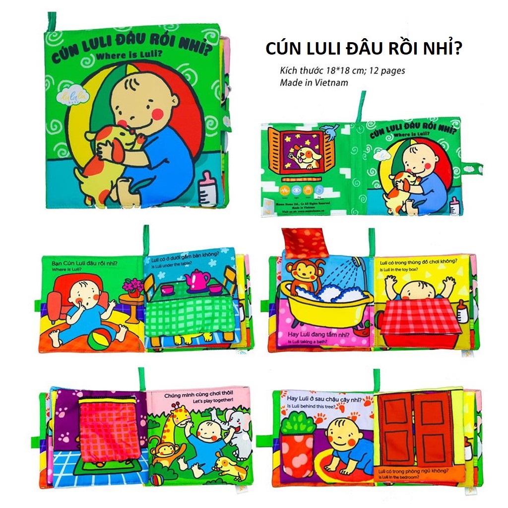 Sách vải Lalala baby kích thích đa giác quan cho bé Luli đâu rồi?- Where is Luli?, kích thước 18x18cm, 12 trang