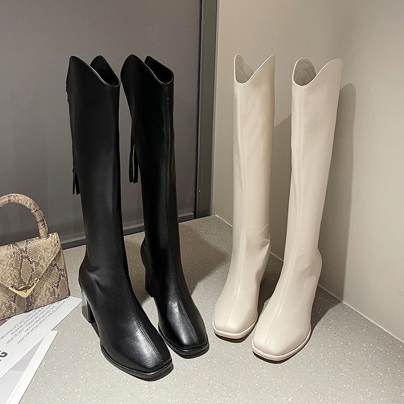 Giày boot da nữ cao cổ da mềm gót vuông ôm chân cao 7cm