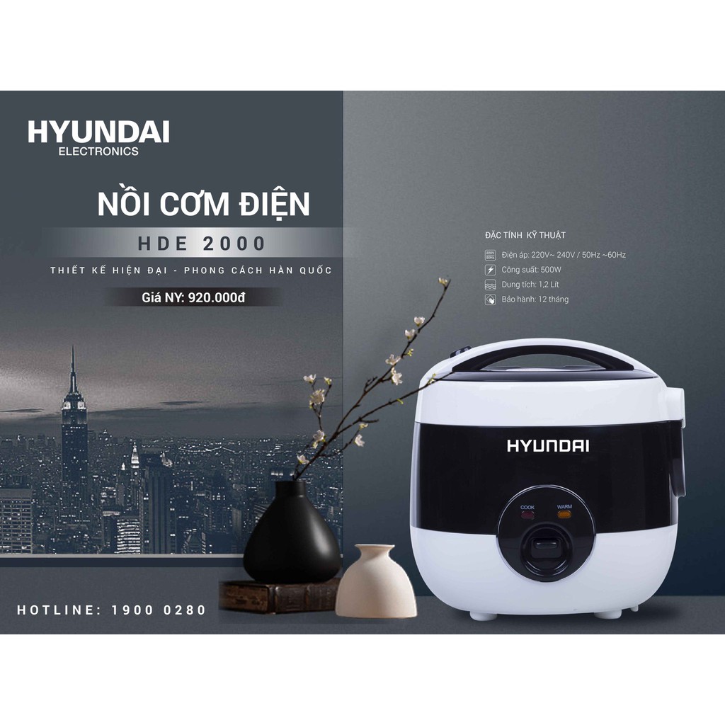 Nồi cơm cơ HYUNDAI HDE 2000W Hàn Quốc . Dung Tích 1.2L. Ủ Ấm Đa Chiều 3D. Bảo hành Chính Hãng 12 Tháng.