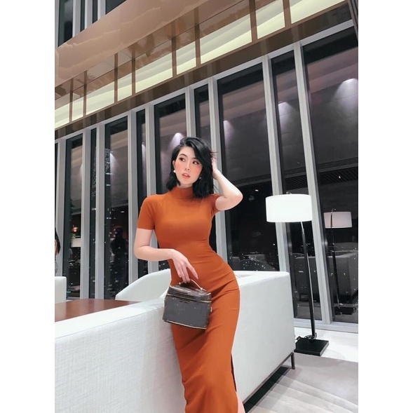 Đầm body cổ lọ xẻ tà tay ngắn.