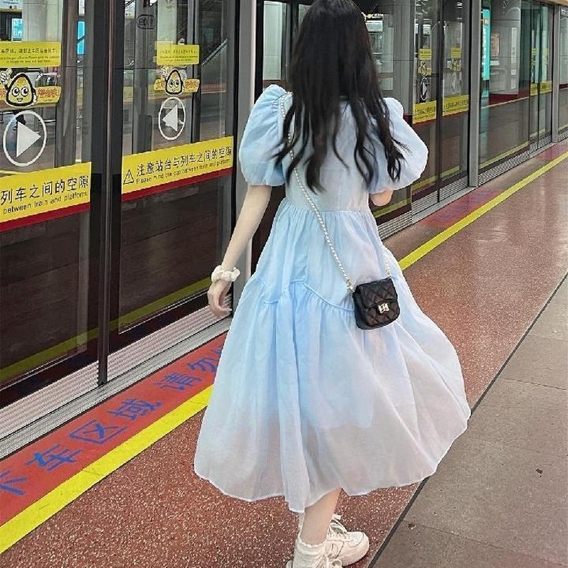 Đầm Tay Phồng Màu Xanh Dương Ngọt Ngào Phong Cách Pháp Mùa Hè Cho Nữ