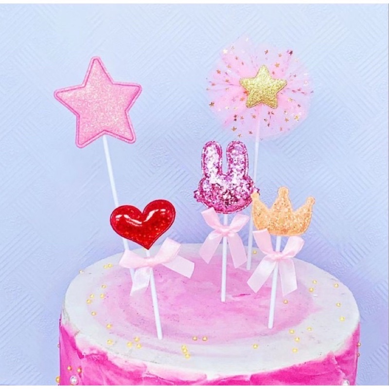 Bộ 5 Topper que cắm Tai thỏ + Vương miện trang trí bánh