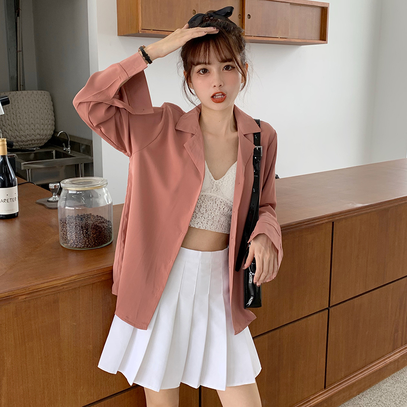 SUXI Áo Sơ Mi Tay Dài Màu Trơn Cổ Bẻ Thời Trang Mùa Thu Cho Nữ