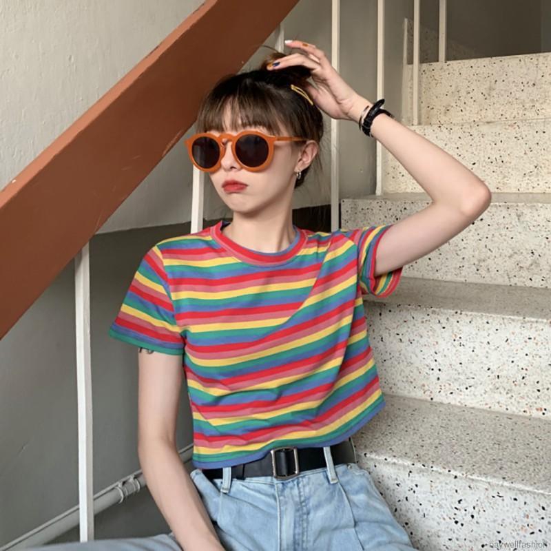 [Baywellfashion]Áo thun tay ngắn cổ tròn hoạ tiết kẻ sọc màu cầu vồng | BigBuy360 - bigbuy360.vn