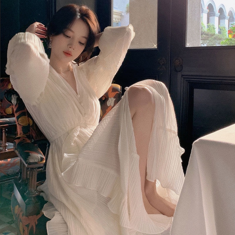 Đầm Nữ Màu Trắng Cà Phê Phong Cách Thời Trang Pháp Trẻ Trung Xinh Xắn