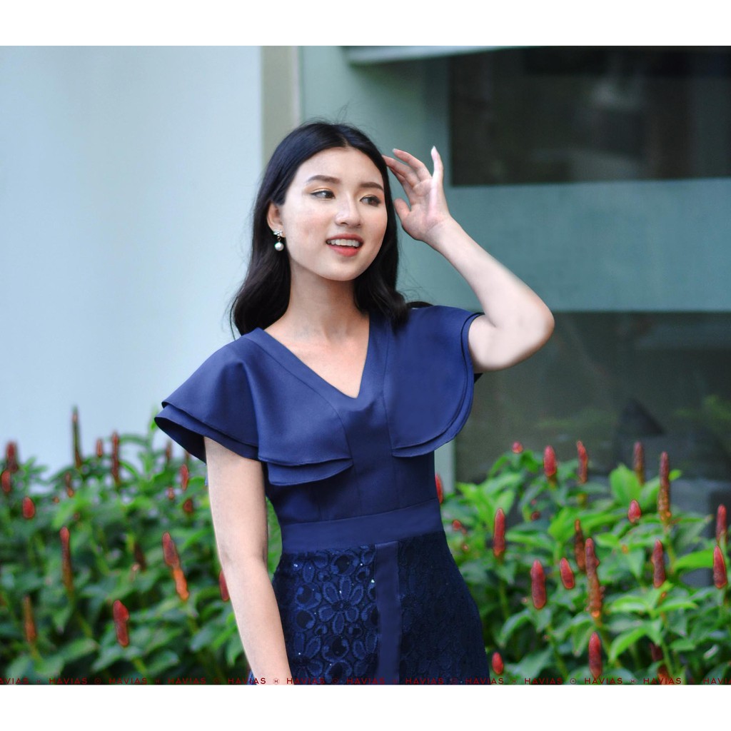 Đầm Classy Wing Sleeve Twinkle Lace Navy Dress HAVIAS