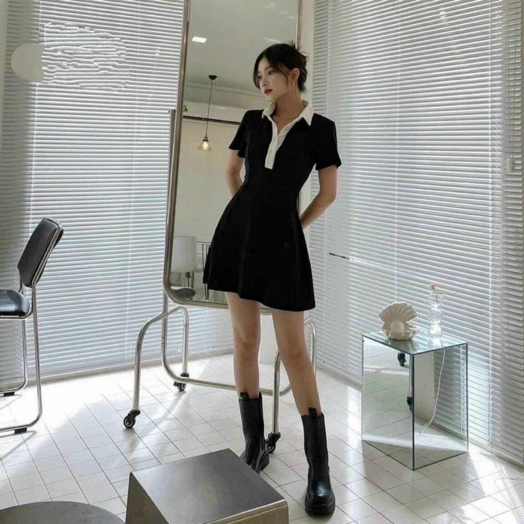 Đầm Polo Body Dáng A Đen Phối Cổ Trắng