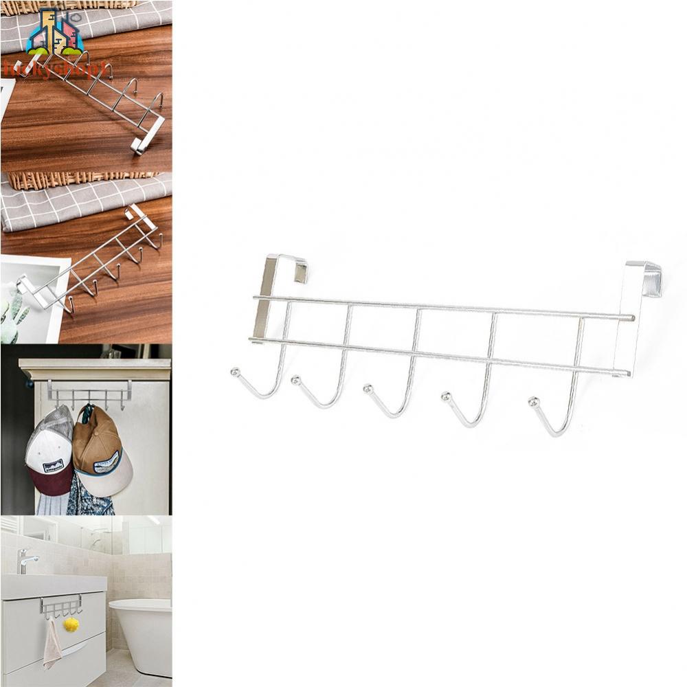 5 Hooks Over Door Hooks Wash Room Hanger Clothes Towel Storage Stainless Steel Holder Door Back Hanging