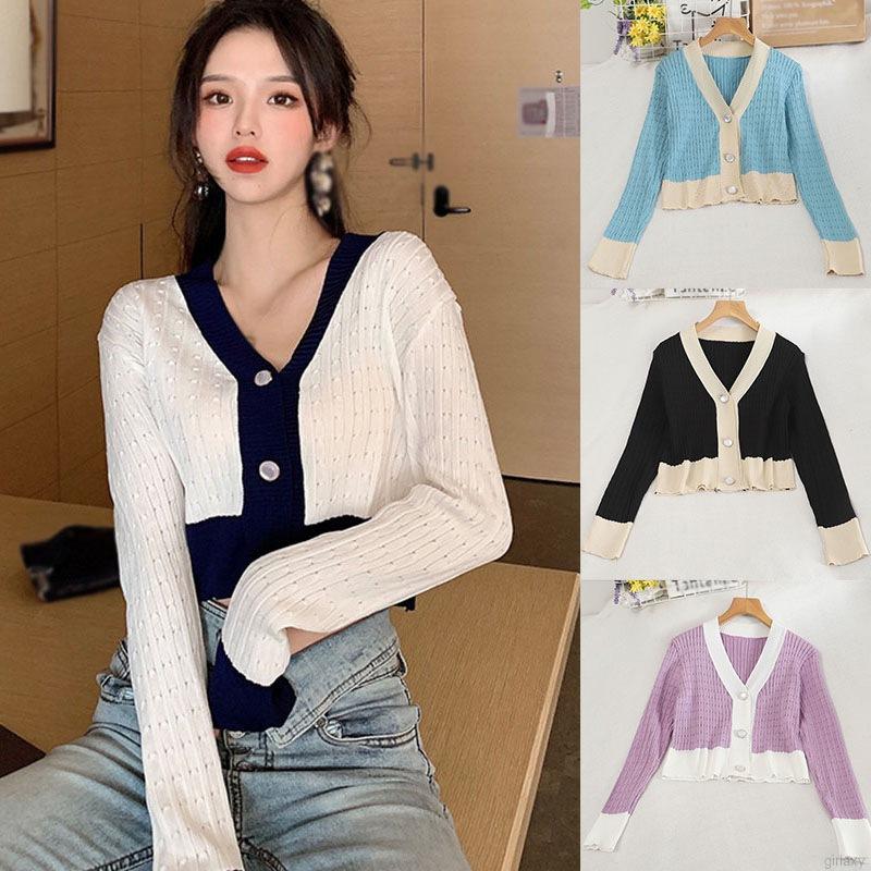 Áo cardigan dệt kim tay dài cổ chữ V phối màu tương phản thời trang Hàn Quốc trẻ trung