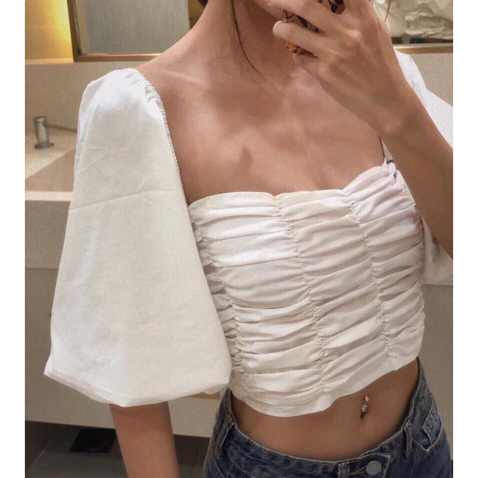 ÁO KIỂU CROPTOP CHUN NGỰC TAY PHÔNG ULZZANG MẶC 2 KIỂU MÀU TRẮNG ULZZANG