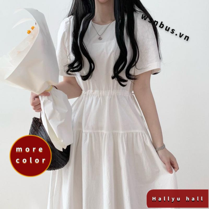 Đầm Dài Dáng Chữ A Tay Ngắn Eo Cao Màu Xanh Dương Có Dây Rút Bằng Cotton Nguyên Chất Phong Cách Hàn Quốc Cho Nữ Sinh
