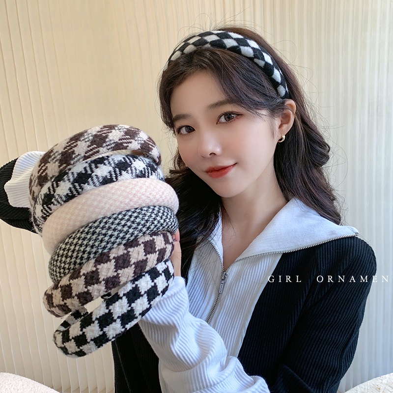 Băng Đô Vải Lông Vành Rộng Họa Tiết Sọc Caro Thời Trang Dành Cho Nữ