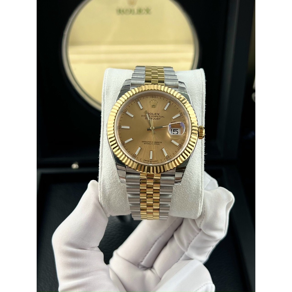 Đồng hồ nam Rolex DateJust Inter Gold 41mm máy ETA Calibre 3235 28800mph, khung thép oystersteel 904l mạ vàng 18k