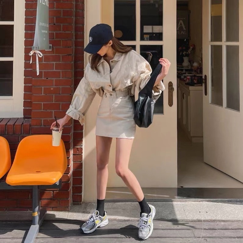 SET SƠ MI KAKI NHUNG TAY DÀI + CHÂN VÁY