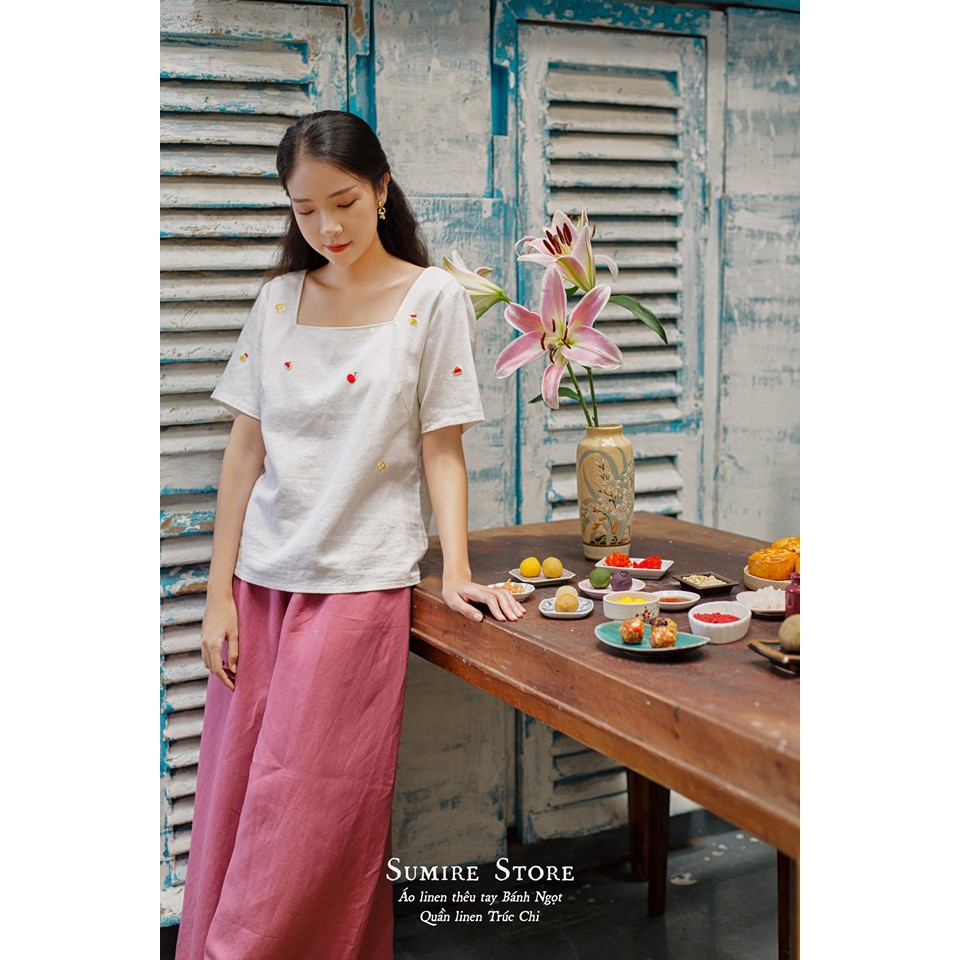 Sumire Store Quần Linen ống rộng Trúc Chi Không túi