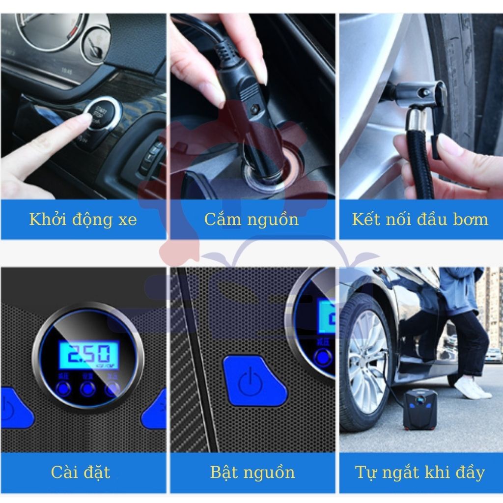 Bơm lốp ô tô xe máy tự ngắt, bơm lốp ô tô xe hơi AIKESI có đèn pin siêu sáng