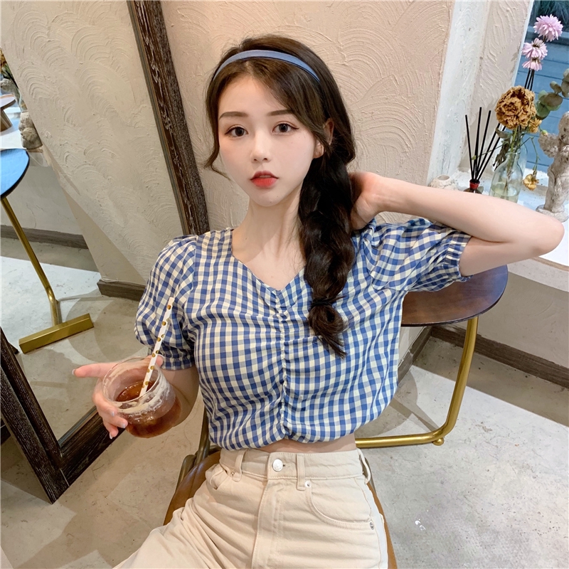 SUXI Áo Kiểu Tay Ngắn Hoạ Tiết Sọc Ca-Rô Cho Phái Nữ
