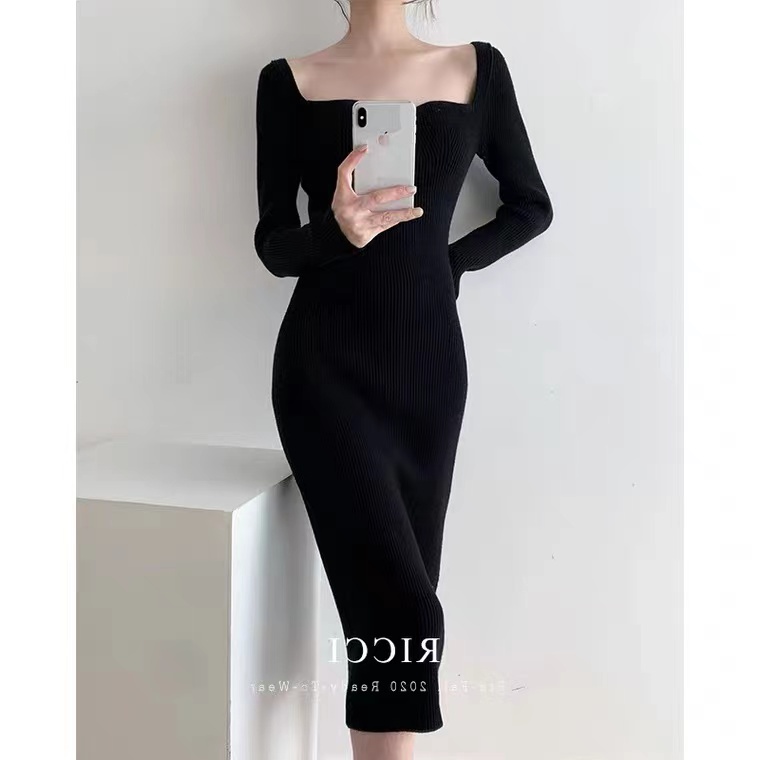 DUNEA Đầm dệt kim đen dáng ôm dài thời trang dành cho nữ