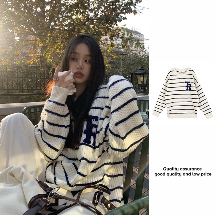 Áo Sweater Dệt Kim Tay Dài Dáng Rộng Kẻ Sọc Kiểu Hàn Quốc Thời Trang Cho Nữ
