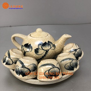 Bộ ấm chén thờ men rạn vẽ sen gốm sứ Gia Hưng Bát Tràng