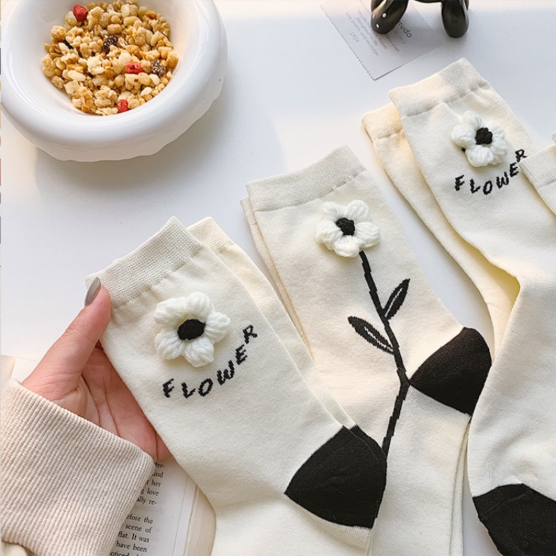 Vớ Cotton Cổ Trung Họa Tiết Hoa Sơn Trà Phong Cách Mới Cho Nữ