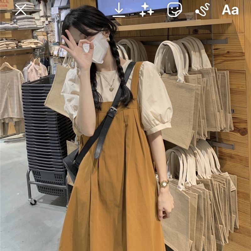 Đầm Hai Dây Dáng Rộng Tay Phồng Phong Cách Hàn Quốc Thời Trang Cho Nữ