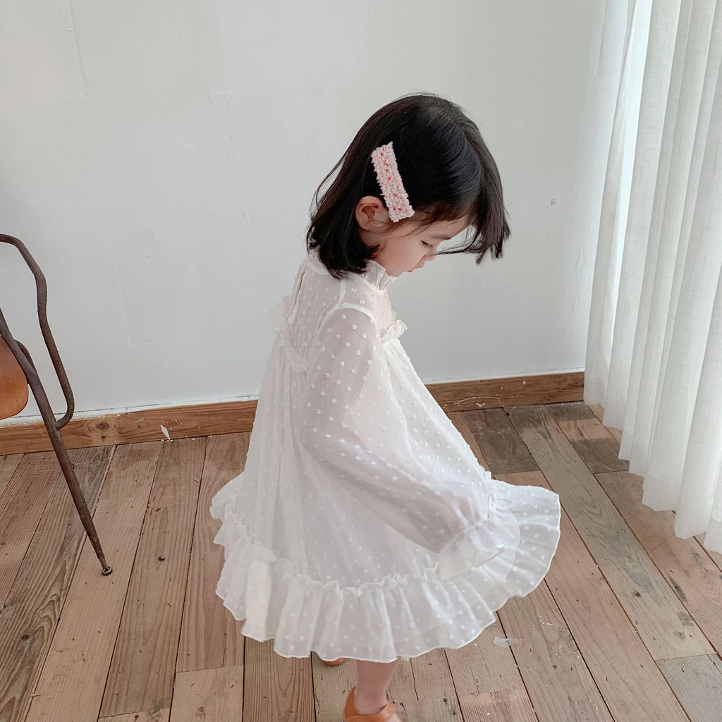  Đầm công chúa tay dài họa tiết chấm bi xinh xắn dành cho bé gái