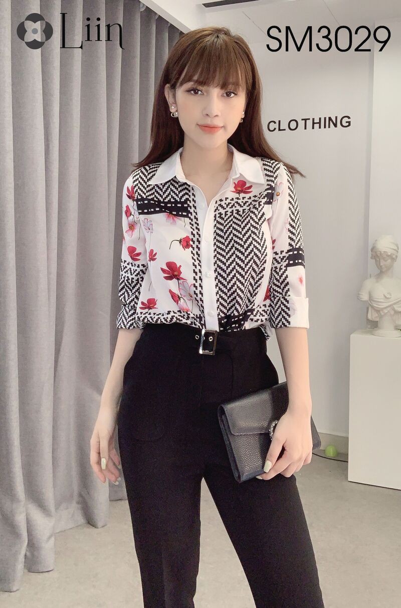 Áo sơ mi nữ công sở Linbi họa tiết hoa văn xinh xắn liin clothing SM3029