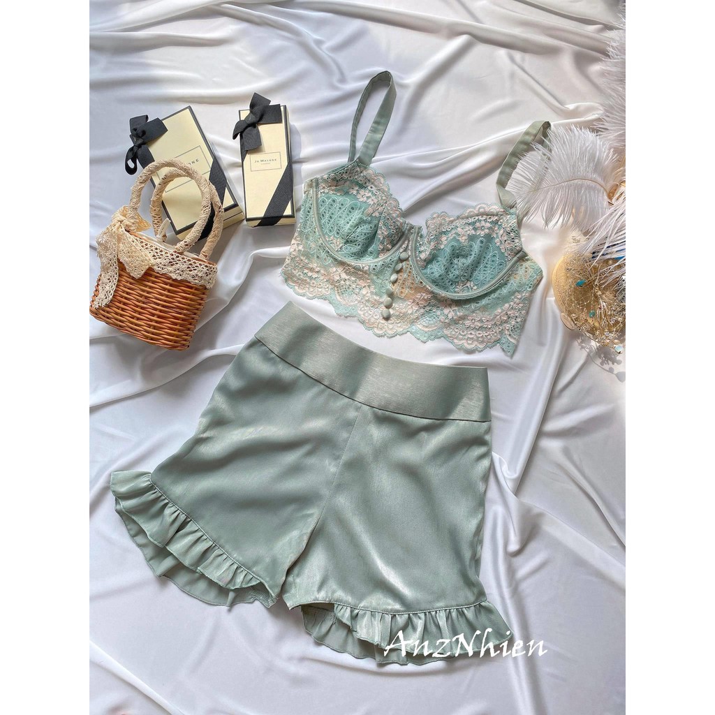 Set áo ren hay dây có cúp đệm ngực quần lụa mềm màu xanh mint thiết kế cao cấp quyến rũ sexy thoải mái