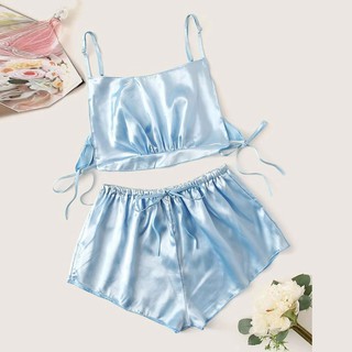 Bộ Đồ Ngủ Lụa Satin Phối Nơ Cho Nữ